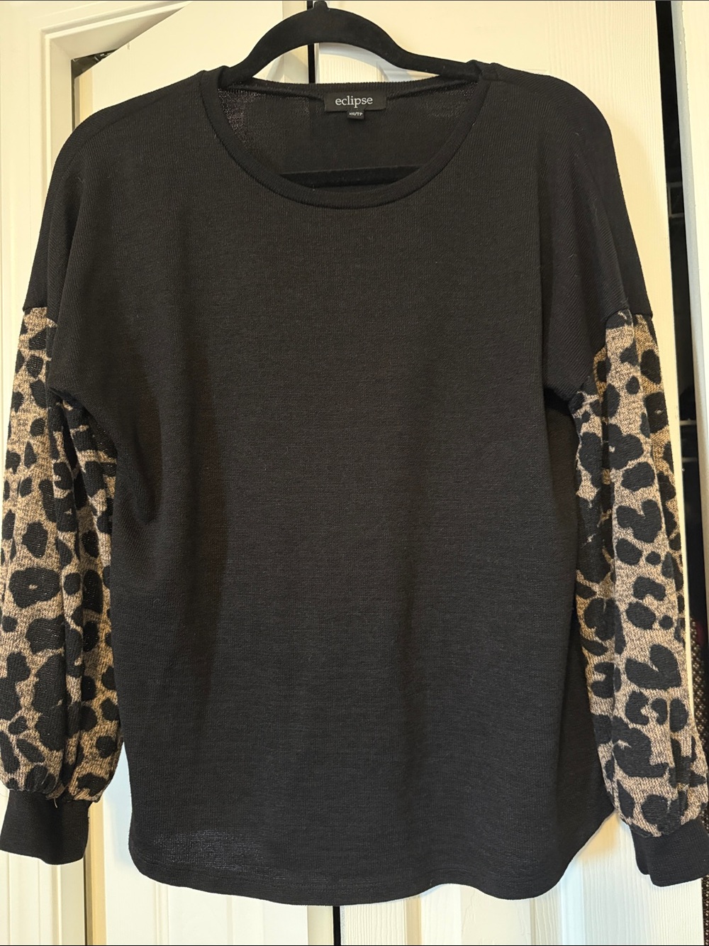 Eclipse Black Knit Top with Leopard Print Sleeve Panels